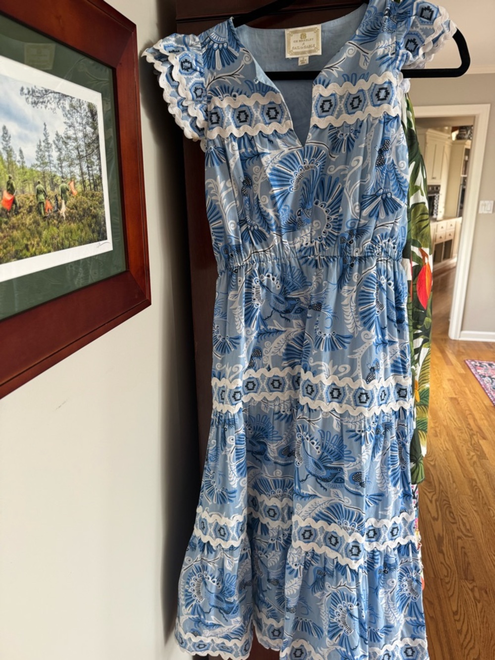 Blue Printed Flutter-Sleeve Dress